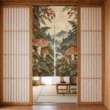 A noren curtain with mushrooms, fern fronds, and mossy stones in moss green, rusty red, warm cream, and deep brown.