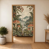 A noren curtain with mushrooms, fern fronds, and mossy stones in moss green, rusty red, warm cream, and deep brown.