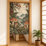 A noren curtain with mushrooms, fern fronds, and mossy stones in moss green, rusty red, warm cream, and deep brown.