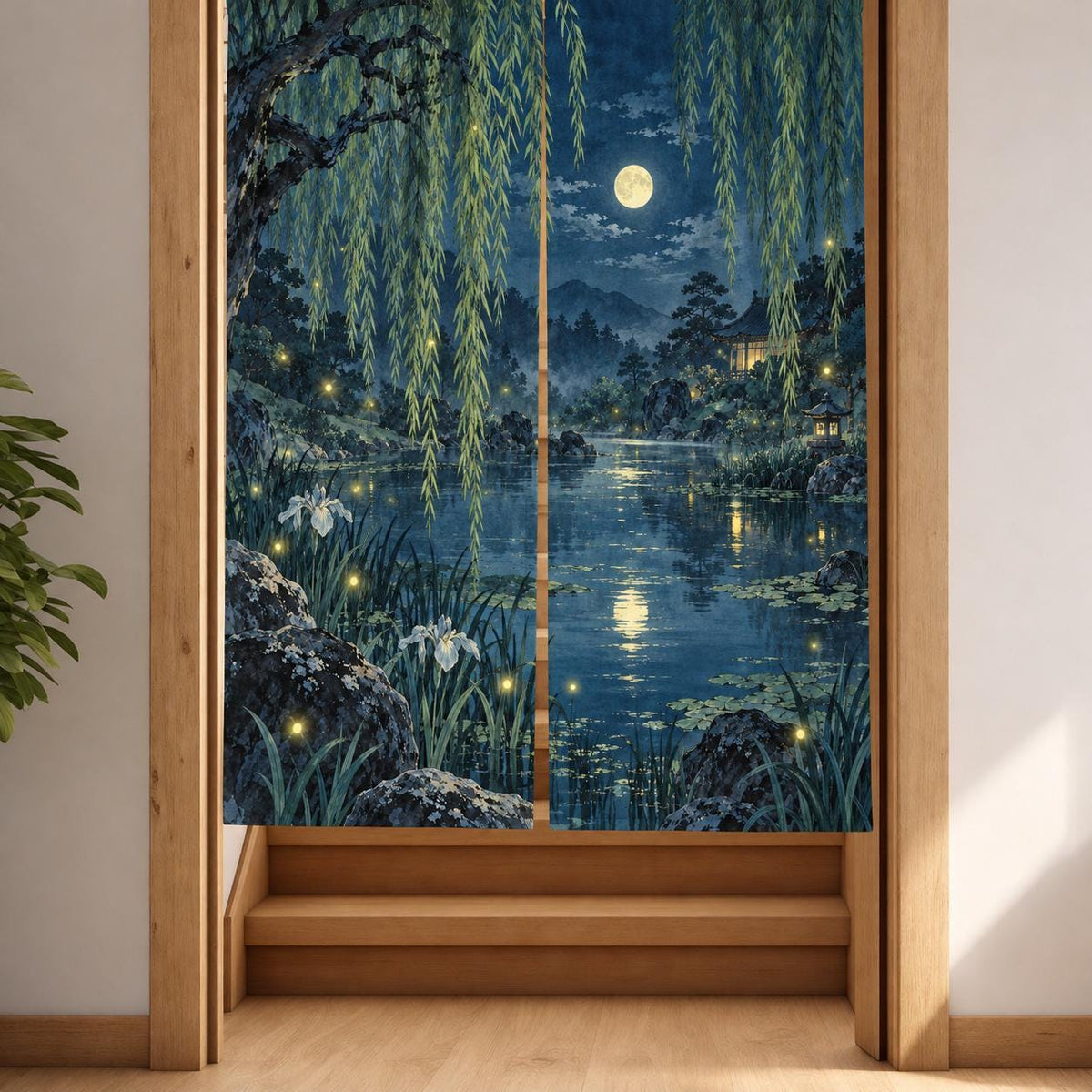 Noren curtain with willow branches above a pond scene and small firefly lights in indigo, green, pale aqua, and soft yellow.