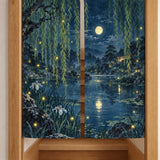 Noren curtain with willow branches above a pond scene and small firefly lights in indigo, green, pale aqua, and soft yellow.