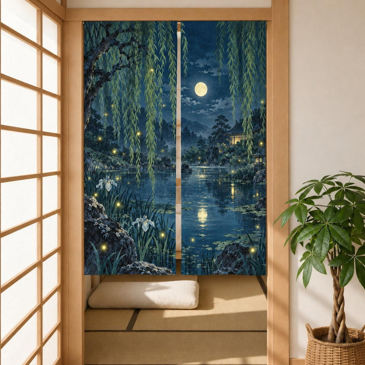 Noren curtain with willow branches above a pond scene and small firefly lights in indigo, green, pale aqua, and soft yellow.