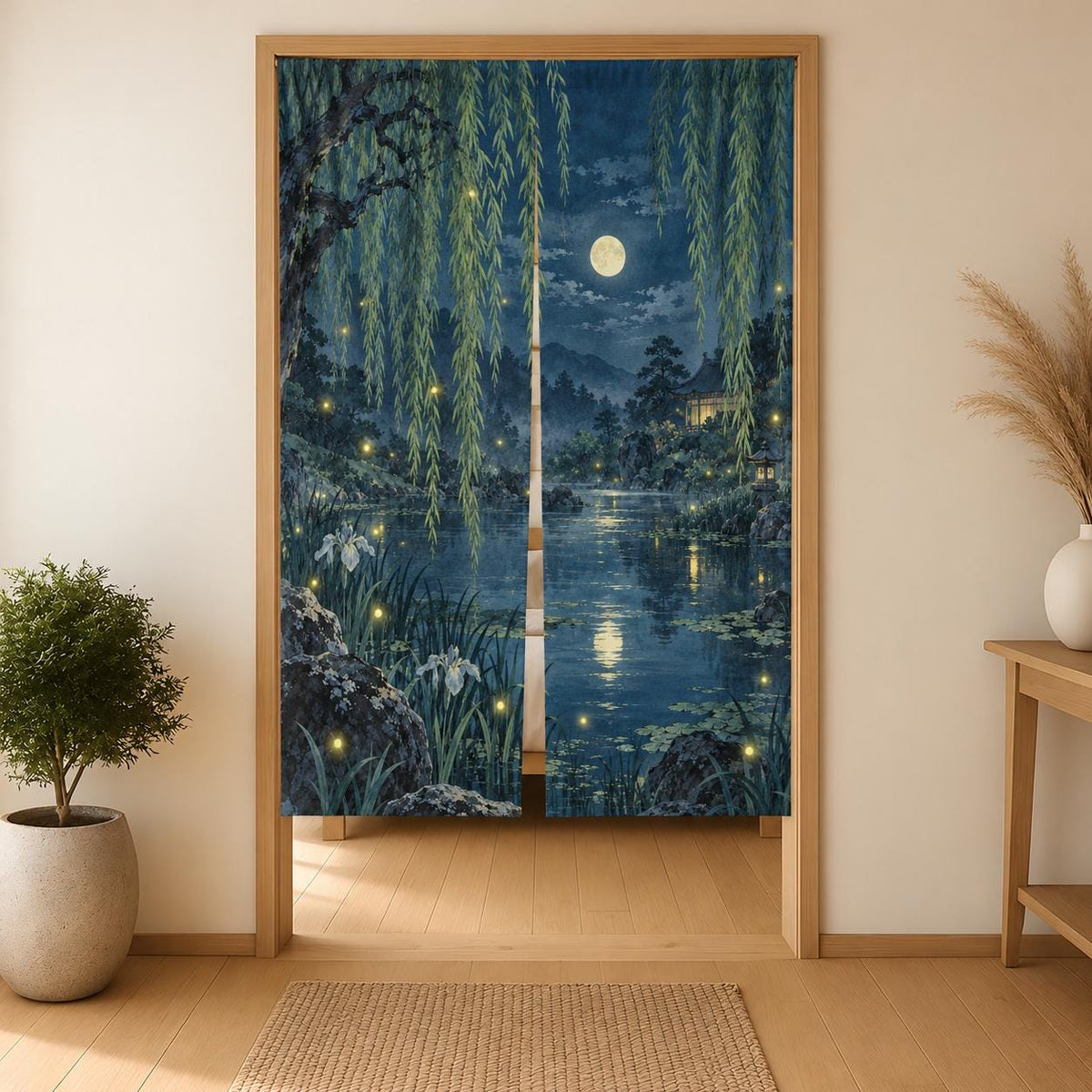 Noren curtain with willow branches above a pond scene and small firefly lights in indigo, green, pale aqua, and soft yellow.
