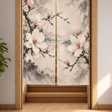 Ivory floral curtain with magnolia blossoms and fine ink branches in charcoal, taupe, and pale blush on a light background.