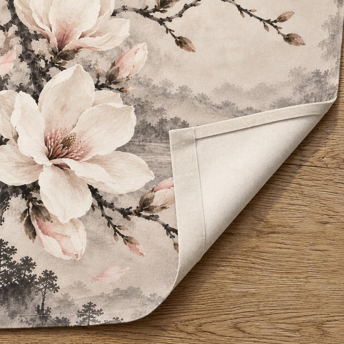 Ivory floral curtain with magnolia blossoms and fine ink branches in charcoal, taupe, and pale blush on a light background.