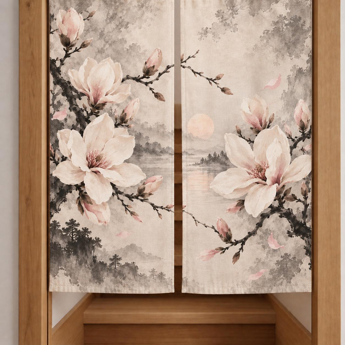 Ivory floral curtain with magnolia blossoms and fine ink branches in charcoal, taupe, and pale blush on a light background.