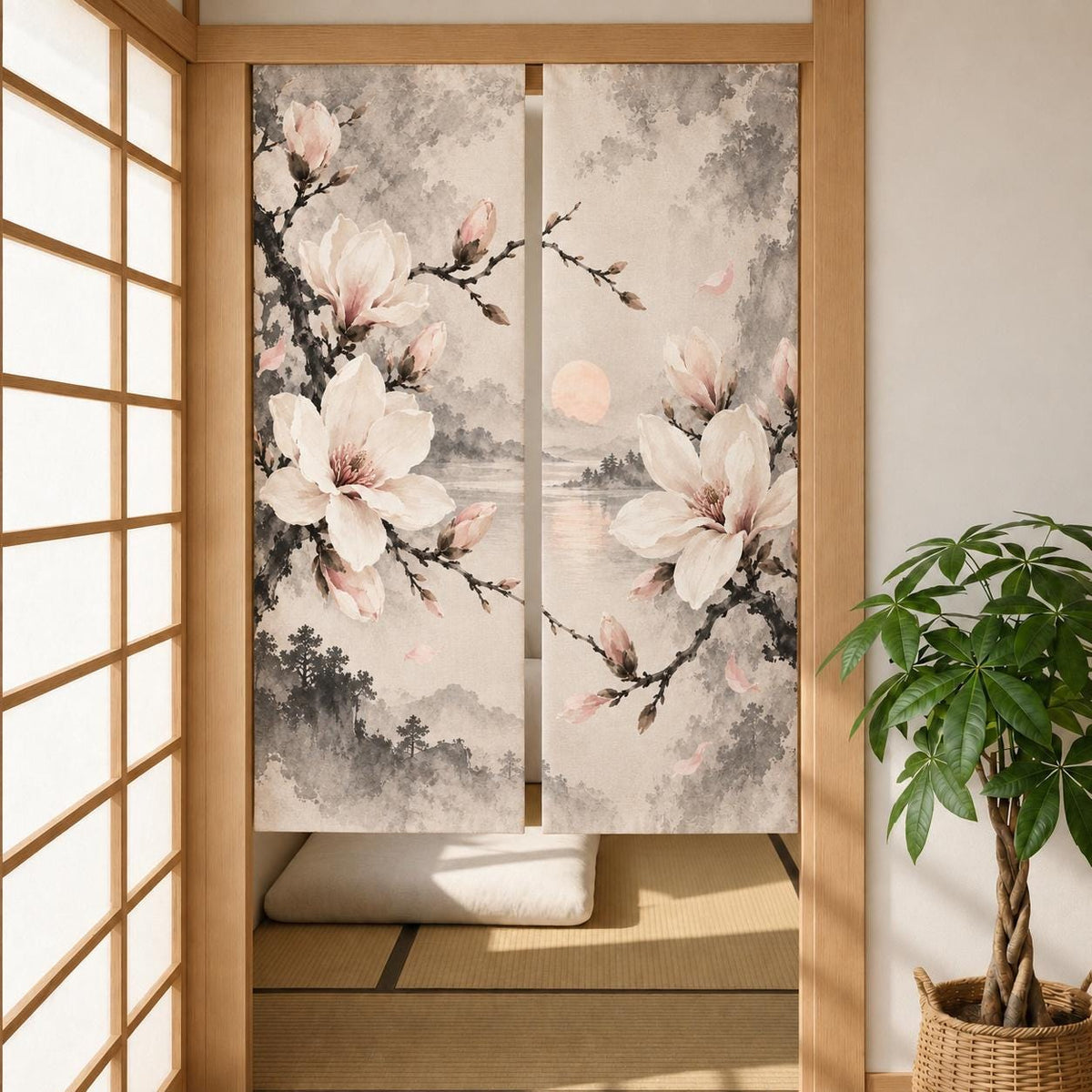Ivory floral curtain with magnolia blossoms and fine ink branches in charcoal, taupe, and pale blush on a light background.