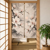 Ivory floral curtain with magnolia blossoms and fine ink branches in charcoal, taupe, and pale blush on a light background.