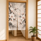 Ivory floral curtain with magnolia blossoms and fine ink branches in charcoal, taupe, and pale blush on a light background.