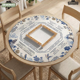 Square ivory mahjong mat with blue cranes, pagodas, flowers, and a blue border around the playing area.