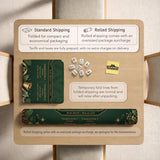 Green mahjong mat with red cardinals, holly berries, cream poinsettias, and gold seasonal details around a printed Charleston guide.