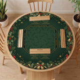 Green mahjong mat with red cardinals, holly berries, cream poinsettias, and gold seasonal details around a printed Charleston guide.
