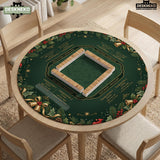 Green mahjong mat with red cardinals, holly berries, cream poinsettias, and gold seasonal details around a printed Charleston guide.