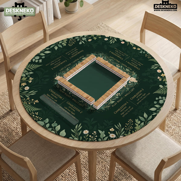 Square mahjong mat with a forest green botanical design, fern leaves, small cream flowers, and a printed Charleston guide around the center area.