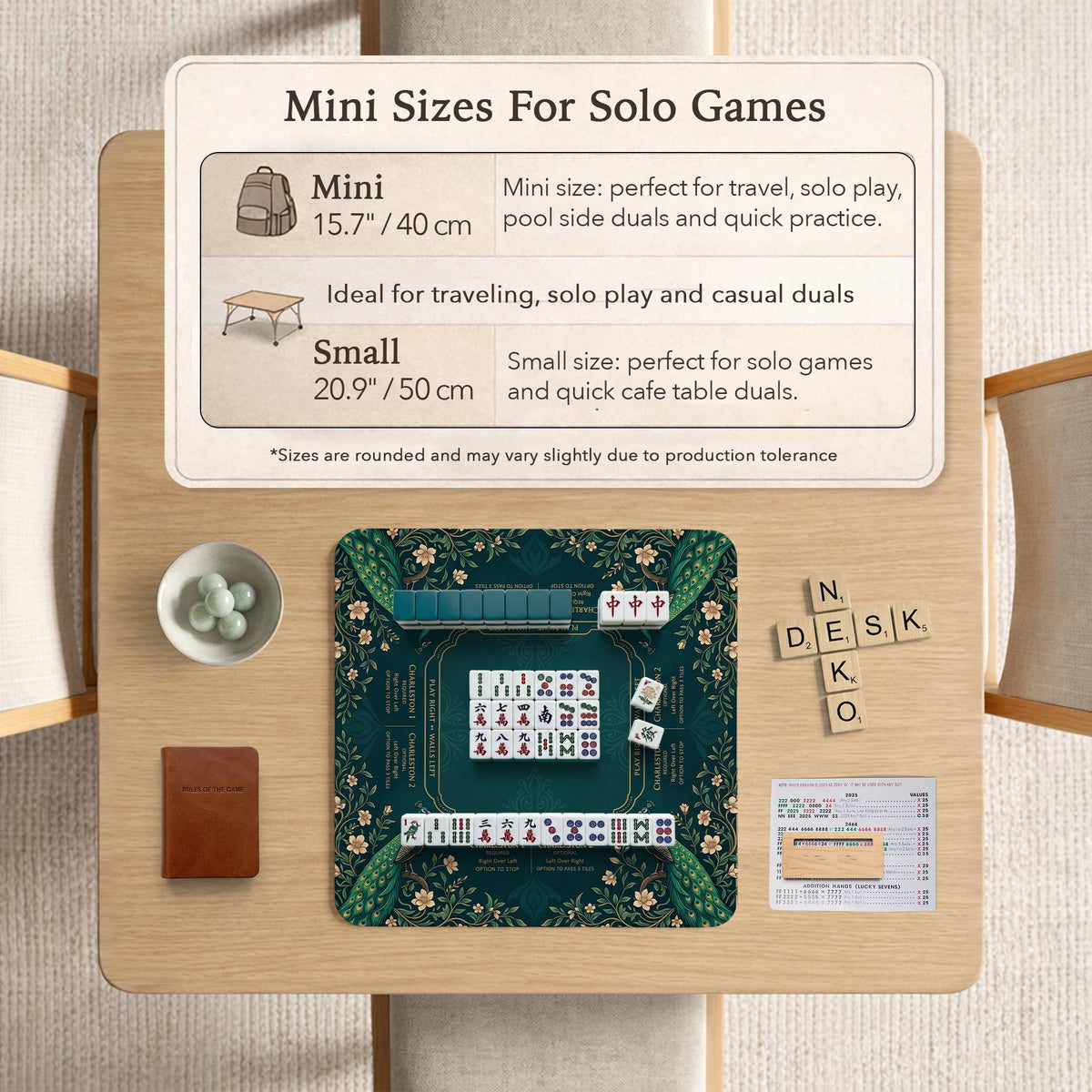American mahjong mat with a deep teal-green background, peacocks, small cream flowers, leafy branches, and printed play-direction and Charleston reminders.
