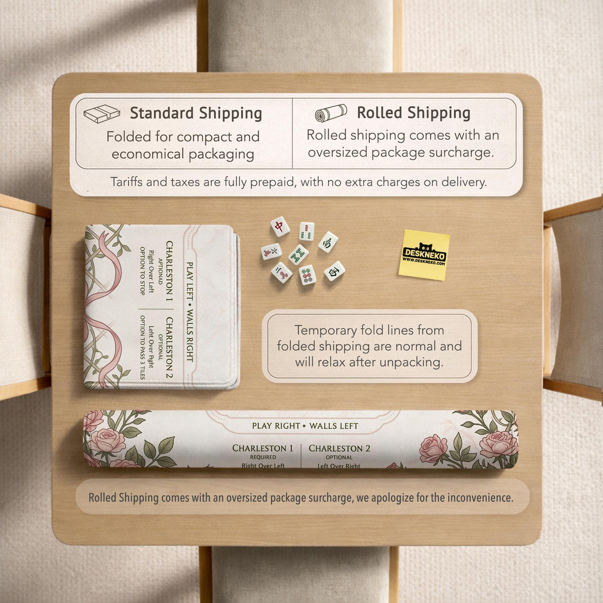 American mahjong mat with an ivory center, printed play-direction reminders, and a border of dusty-pink roses, ribbon bows, and green leaves.