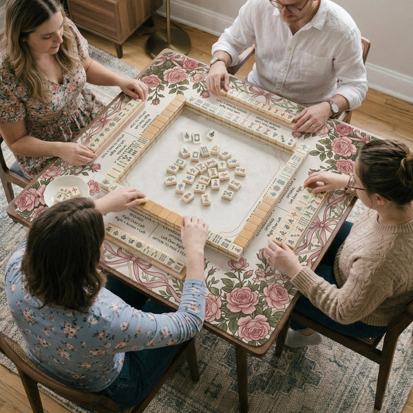 American mahjong mat with an ivory center, printed play-direction reminders, and a border of dusty-pink roses, ribbon bows, and green leaves.