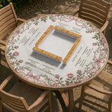 American mahjong mat with an ivory center, printed play-direction reminders, and a border of dusty-pink roses, ribbon bows, and green leaves.