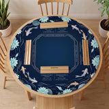 American mahjong mat with a navy-blue pond design, pale aqua lotus flowers, flowing water lines, koi fish, and printed play-direction and Charleston passing reminders.