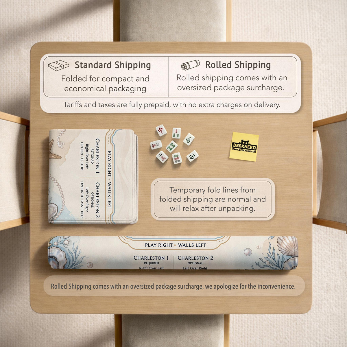 American mahjong mat with a cream center and a coastal border showing oyster shells, scallop shells, starfish, pearl strands, and pale blue sea plants.