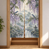 A noren curtain with wisteria blossoms, lilac flowers, blue songbirds, leafy branches, gentle rain, and a misty garden background.