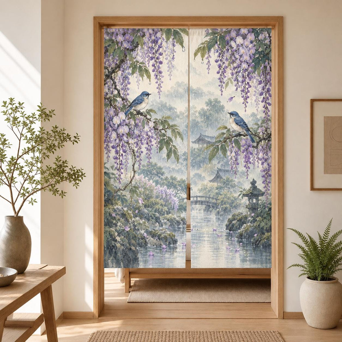 A noren curtain with wisteria blossoms, lilac flowers, blue songbirds, leafy branches, gentle rain, and a misty garden background.