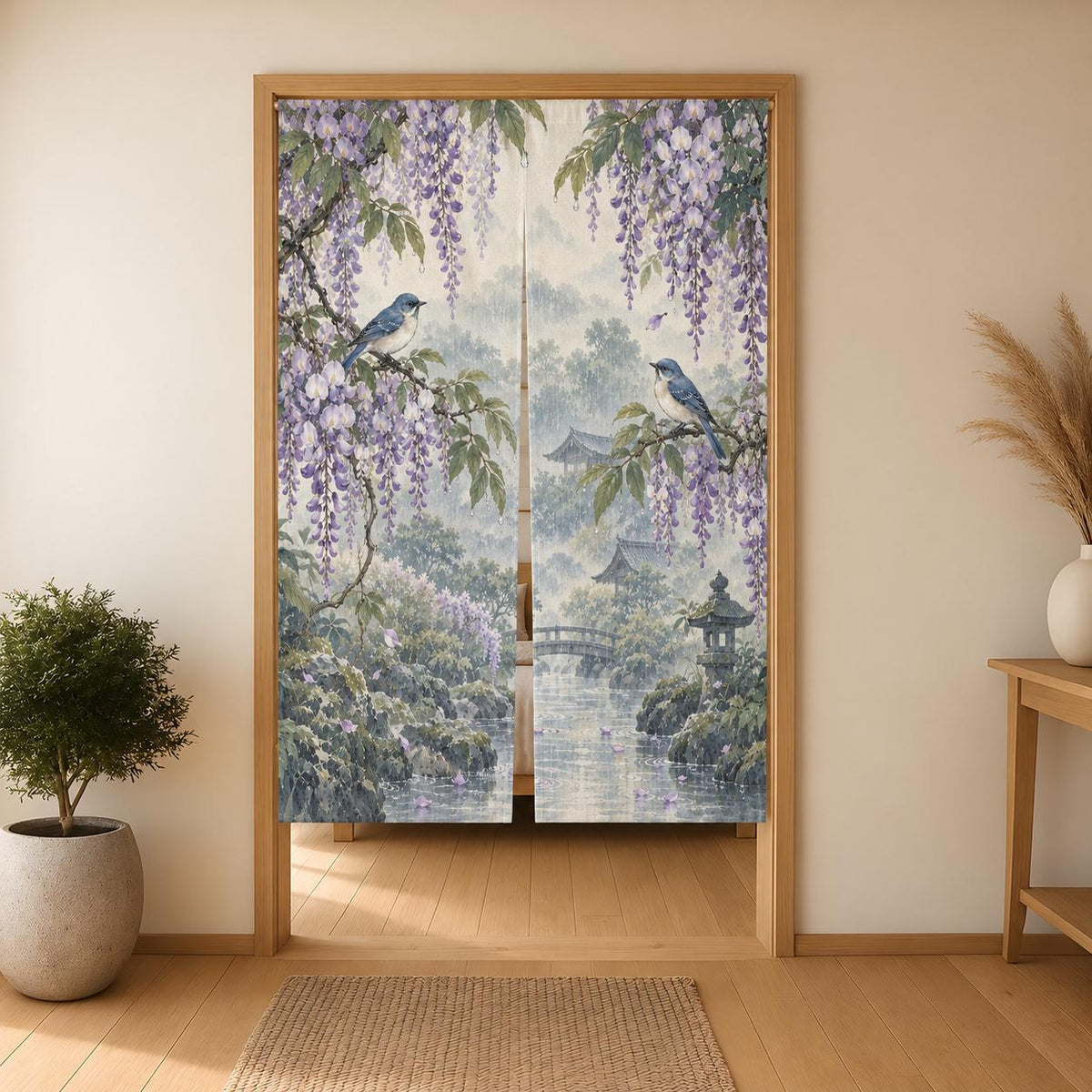 A noren curtain with wisteria blossoms, lilac flowers, blue songbirds, leafy branches, gentle rain, and a misty garden background.