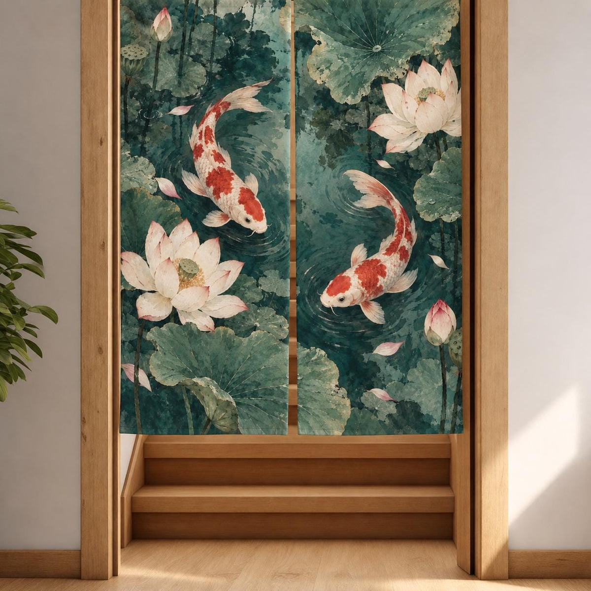 Japanese-style doorway curtain with vermilion and ivory koi fish swimming through a jade lotus pond with broad green leaves, pale blossoms, and ripple details.