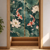 Japanese-style doorway curtain with vermilion and ivory koi fish swimming through a jade lotus pond with broad green leaves, pale blossoms, and ripple details.
