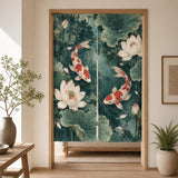 Japanese-style doorway curtain with vermilion and ivory koi fish swimming through a jade lotus pond with broad green leaves, pale blossoms, and ripple details.