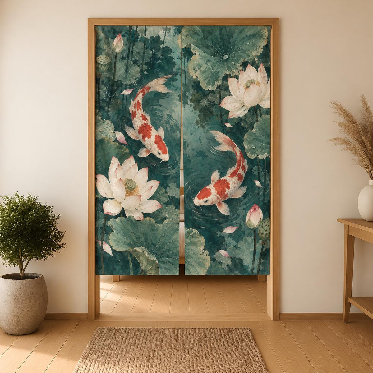 Japanese-style doorway curtain with vermilion and ivory koi fish swimming through a jade lotus pond with broad green leaves, pale blossoms, and ripple details.