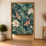 Japanese-style doorway curtain with vermilion and ivory koi fish swimming through a jade lotus pond with broad green leaves, pale blossoms, and ripple details.
