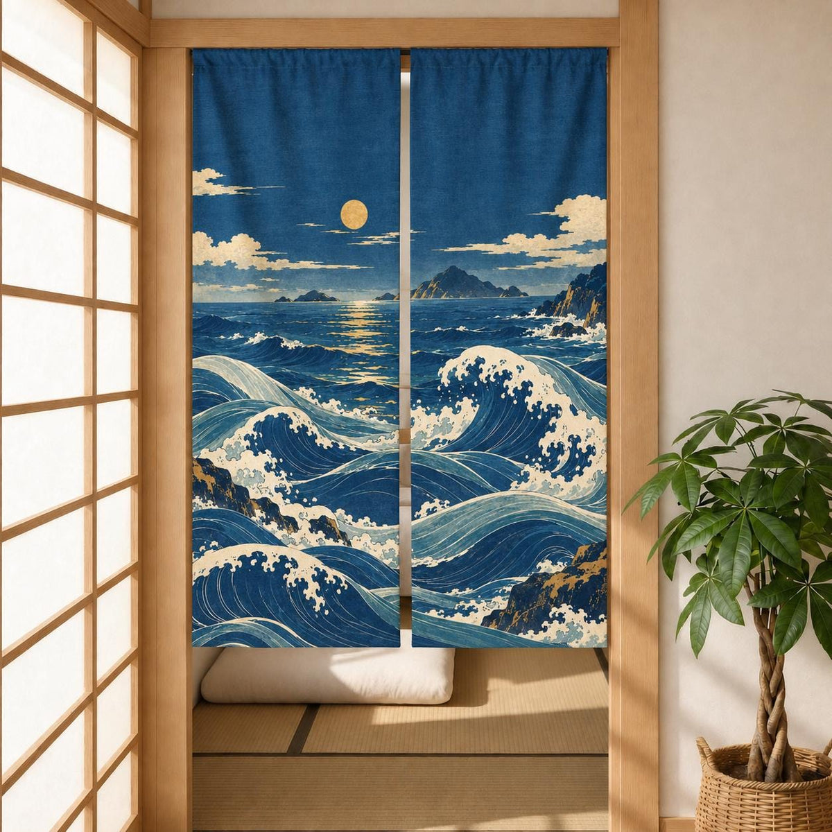 Noren curtain with flowing indigo waves, a small moon, ivory foam, muted aqua water, distant islands, and small ochre printed accents.