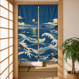Noren curtain with flowing indigo waves, a small moon, ivory foam, muted aqua water, distant islands, and small ochre printed accents.