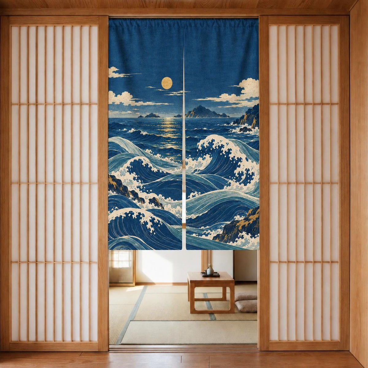 Noren curtain with flowing indigo waves, a small moon, ivory foam, muted aqua water, distant islands, and small ochre printed accents.