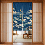 Noren curtain with flowing indigo waves, a small moon, ivory foam, muted aqua water, distant islands, and small ochre printed accents.