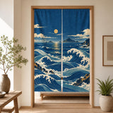 Noren curtain with flowing indigo waves, a small moon, ivory foam, muted aqua water, distant islands, and small ochre printed accents.