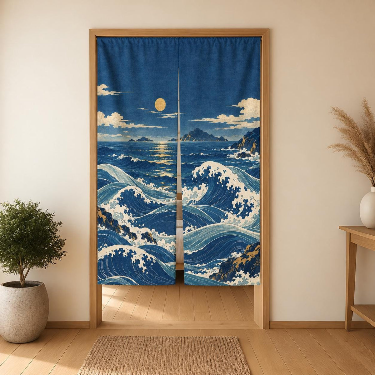 Noren curtain with flowing indigo waves, a small moon, ivory foam, muted aqua water, distant islands, and small ochre printed accents.