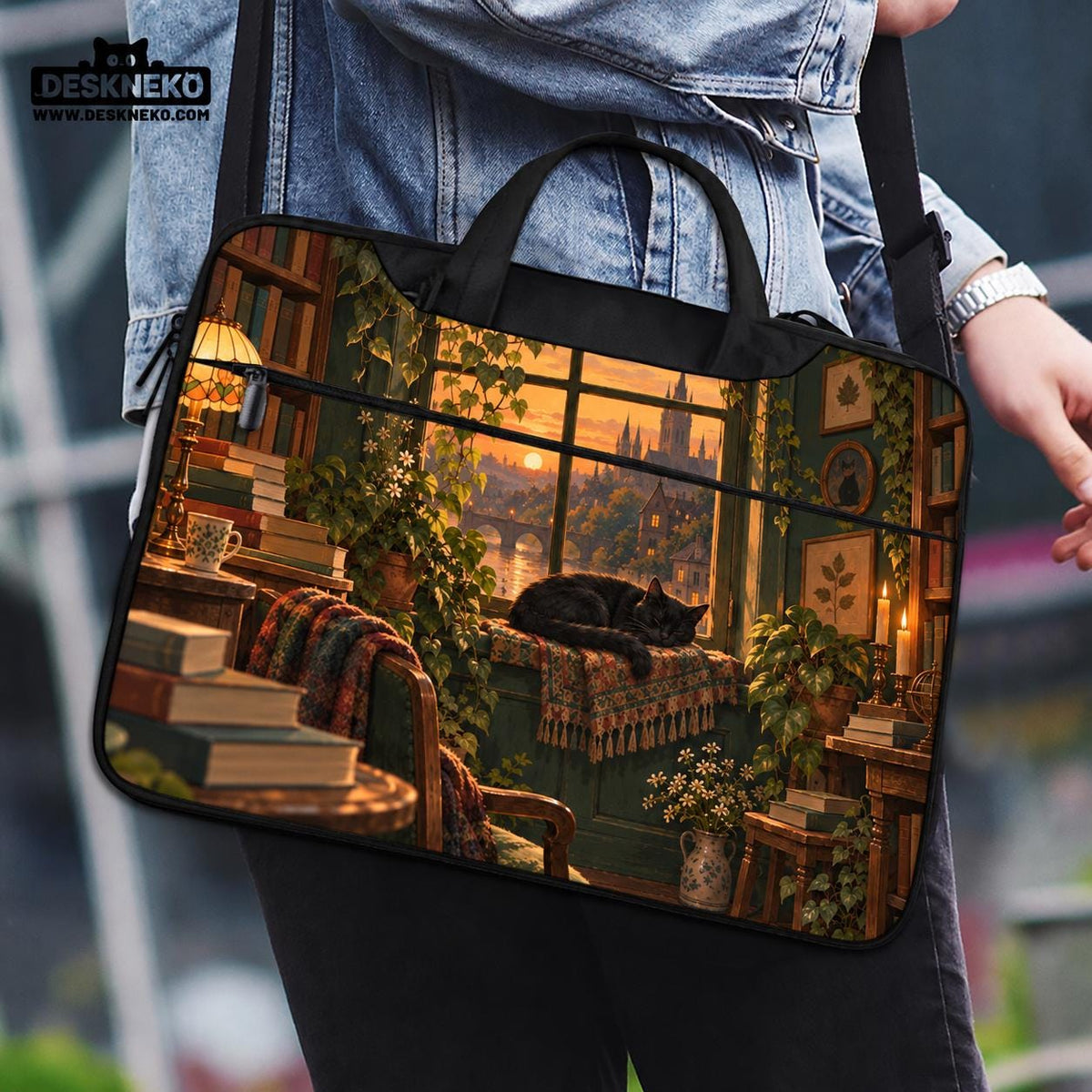Illustration of a black cat beside stacked books and leafy plants in forest green, brown, and amber tones on a laptop sleeve and shoulder bag design.
