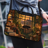 Illustration of a black cat beside stacked books and leafy plants in forest green, brown, and amber tones on a laptop sleeve and shoulder bag design.