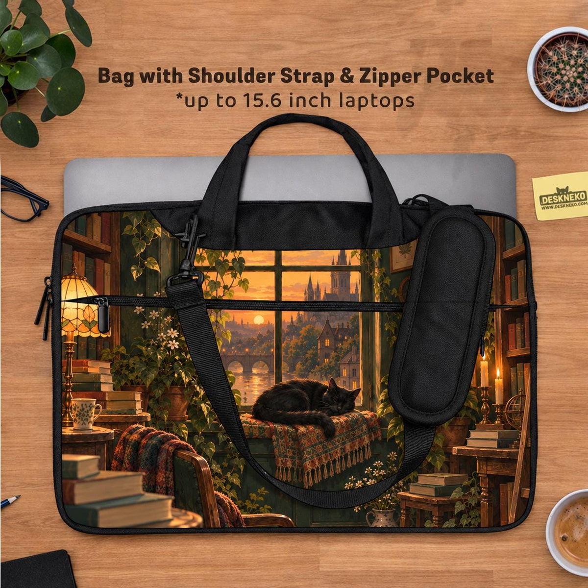 Illustration of a black cat beside stacked books and leafy plants in forest green, brown, and amber tones on a laptop sleeve and shoulder bag design.