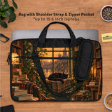 Illustration of a black cat beside stacked books and leafy plants in forest green, brown, and amber tones on a laptop sleeve and shoulder bag design.