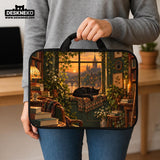 Illustration of a black cat beside stacked books and leafy plants in forest green, brown, and amber tones on a laptop sleeve and shoulder bag design.