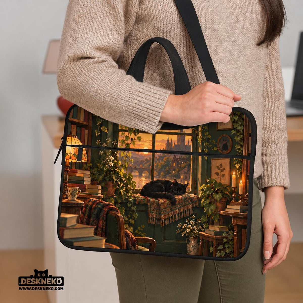 Illustration of a black cat beside stacked books and leafy plants in forest green, brown, and amber tones on a laptop sleeve and shoulder bag design.