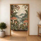 A noren curtain with mushrooms, fern fronds, and mossy stones in moss green, rusty red, warm cream, and deep brown.