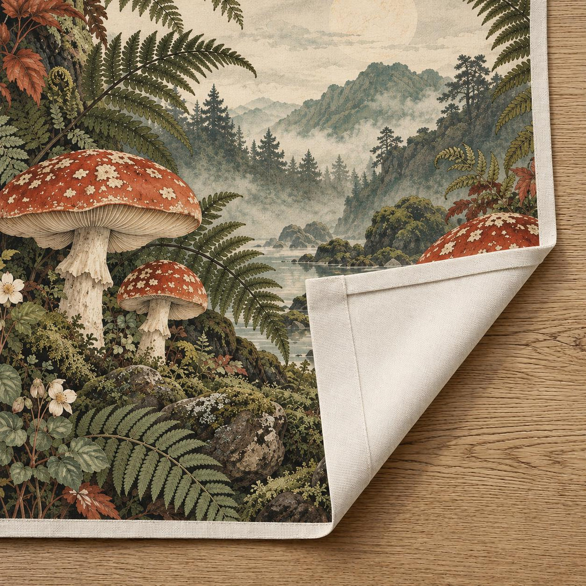 A noren curtain with mushrooms, fern fronds, and mossy stones in moss green, rusty red, warm cream, and deep brown.