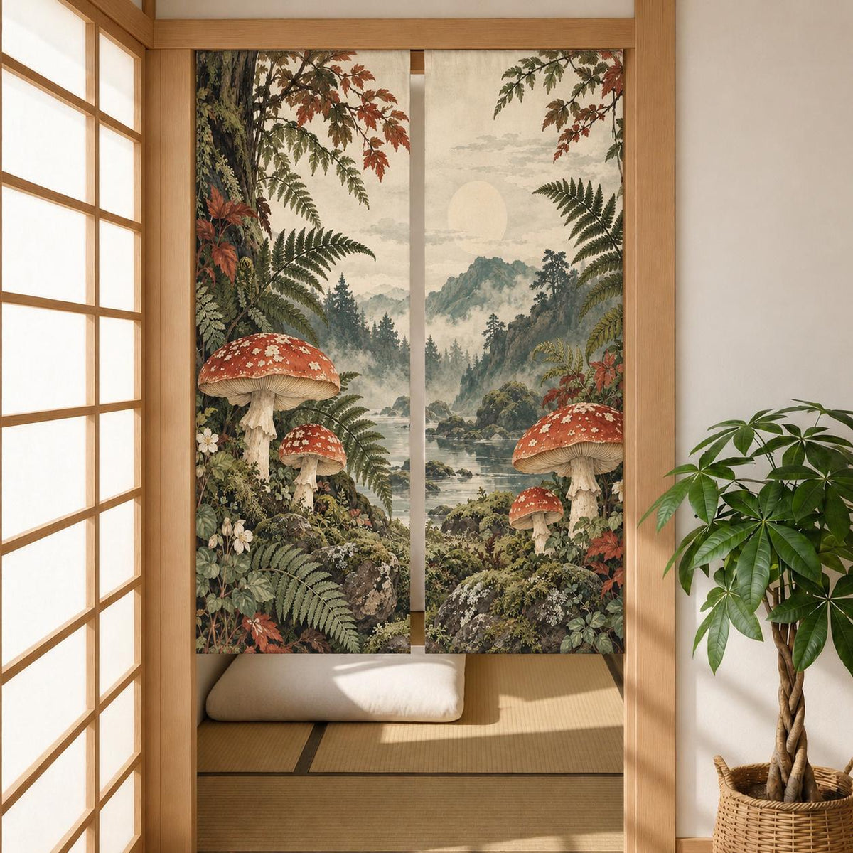 A noren curtain with mushrooms, fern fronds, and mossy stones in moss green, rusty red, warm cream, and deep brown.