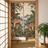 A noren curtain with mushrooms, fern fronds, and mossy stones in moss green, rusty red, warm cream, and deep brown.