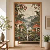 A noren curtain with mushrooms, fern fronds, and mossy stones in moss green, rusty red, warm cream, and deep brown.