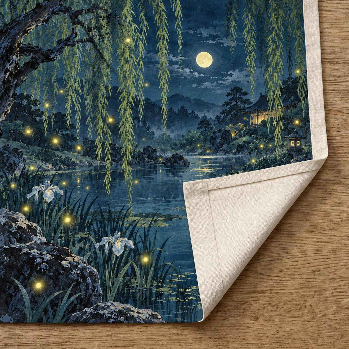 Noren curtain with willow branches above a pond scene and small firefly lights in indigo, green, pale aqua, and soft yellow.